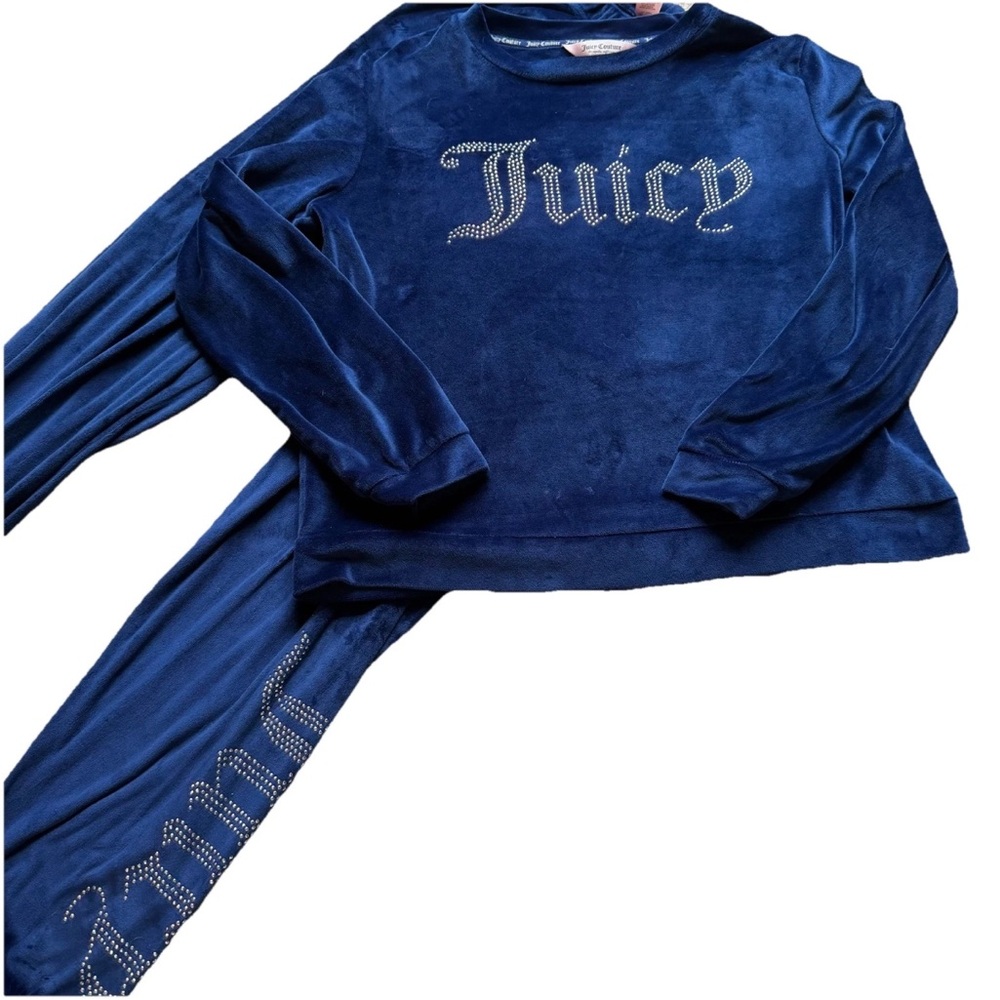 Juicy Couture Blue Velour Track Suit Jogger Pants Bling Logo Sz Small Sleepwear